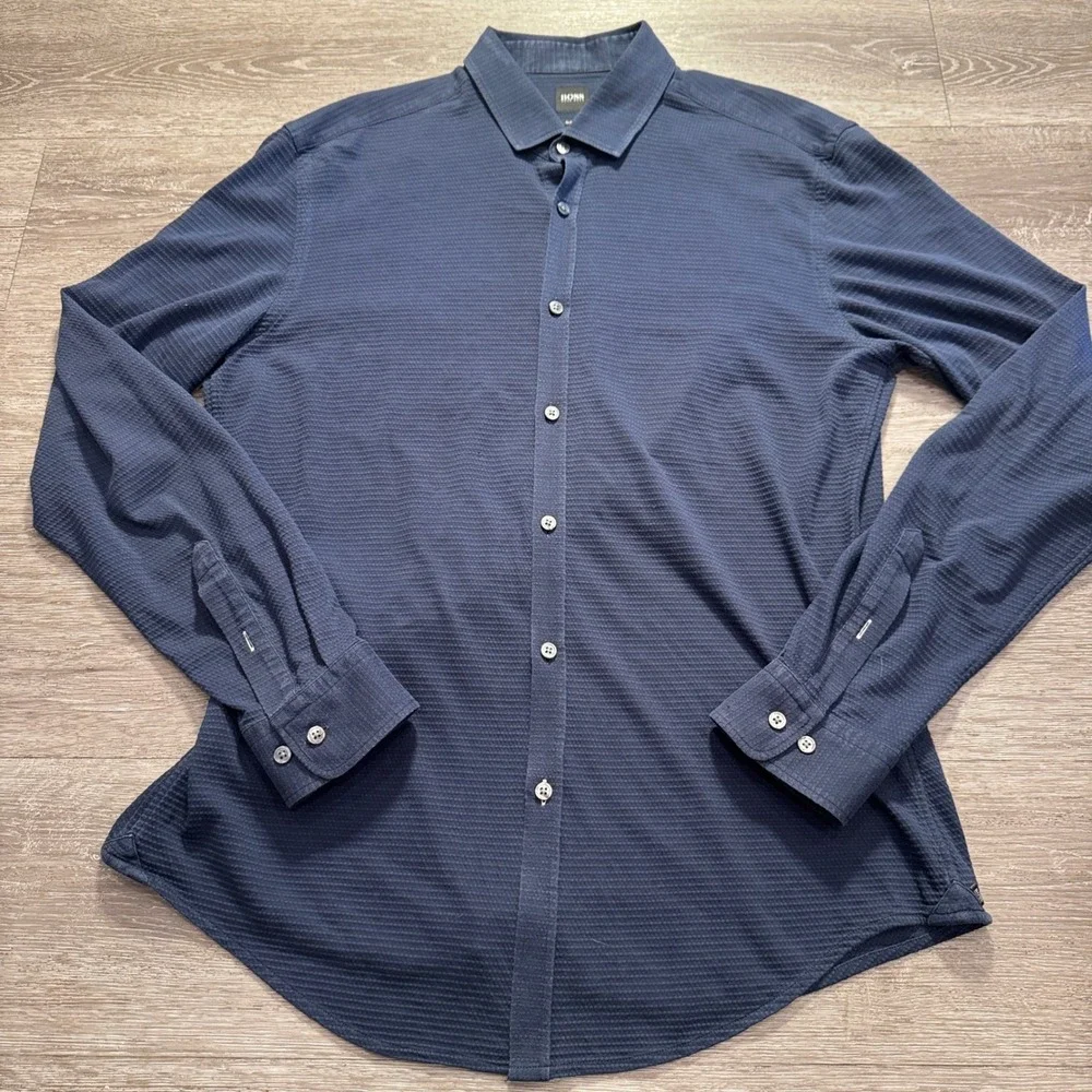 Hugo Boss Shirt Mens XL Blue Textured Cotton Slim Fit Casual Preppy Classiccore